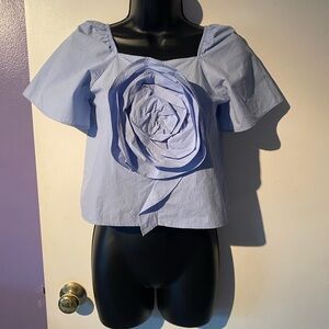 Zara Blue Flutter Sleeve Boxy Blouse With Flower Appliqué. Size 11-12